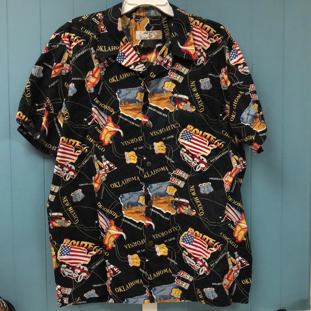 High Surf Hawaiian Shirt Mens XL Route 66 Map‎ Print Road Trip Black USA cars